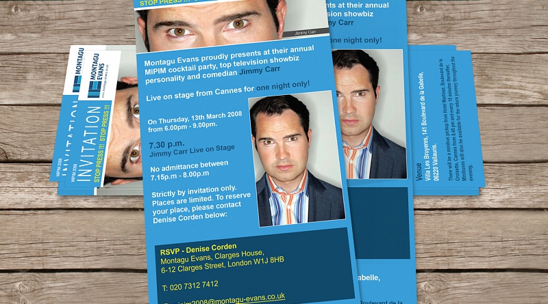 Montagu Evans - Design of double sided flyer to advertise MIPIM event featuring Jimmy Carr