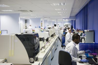 A busy, modern medical laboratory featuring several healthcare professionals in white lab coats working along a long row of automated diagnostic machinery. In the foreground, a man wearing blue gloves sits at a computer station, processing sample tubes. The room is brightly lit with a blue and white color scheme, and the background shows other staff members attending to various laboratory tasks.