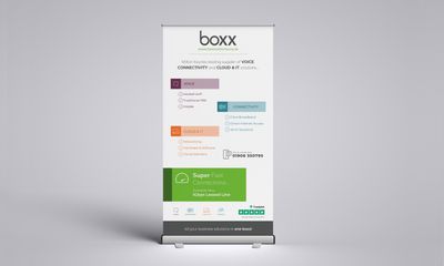 Boxx Comms roller banner design, reverse side