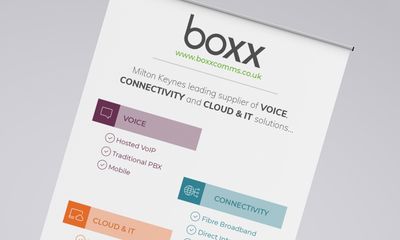 Boxx Comms roller banner design, detail view