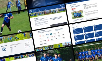 MK United Website - A collage of screenshots from the MK United FC website, displaying various pages with information about the football club. Sections include 'About MK United' with text and a team photo, 'Our Teams' listing different age groups and coaches, and 'MK United Sponsors' showing a grid of sponsor logos. Other screenshots feature action photos of players, a registration page, and a footer with social media links, all using a blue and white color scheme with the club's circular logo.