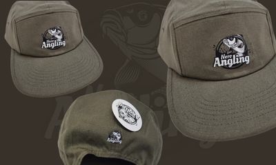 A product collage displaying different angles of an olive green 5-panel cap. The front of the cap features a prominent black and white embroidered 'Nero Angling' fish logo. The back view shows a smaller embroidered logo near the strap and an attached circular product tag. The background is dark brown with a faint watermark of the logo.