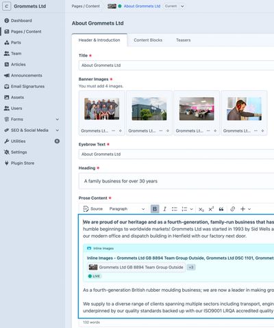 Screenshot of a the back-end system Craft CMS on a website